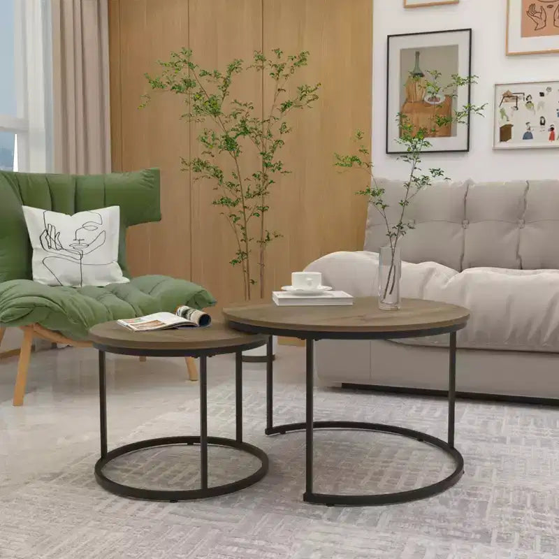 HOMLUX Lot de 2 tables basses gigognes rondes, tables d'appoint en marbre, noir/blanc/marron