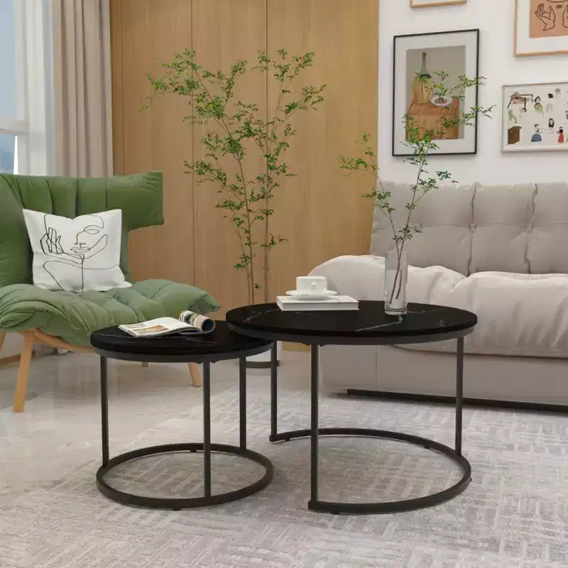 HOMLUX Lot de 2 tables basses gigognes rondes, tables d'appoint en marbre, noir/blanc/marron