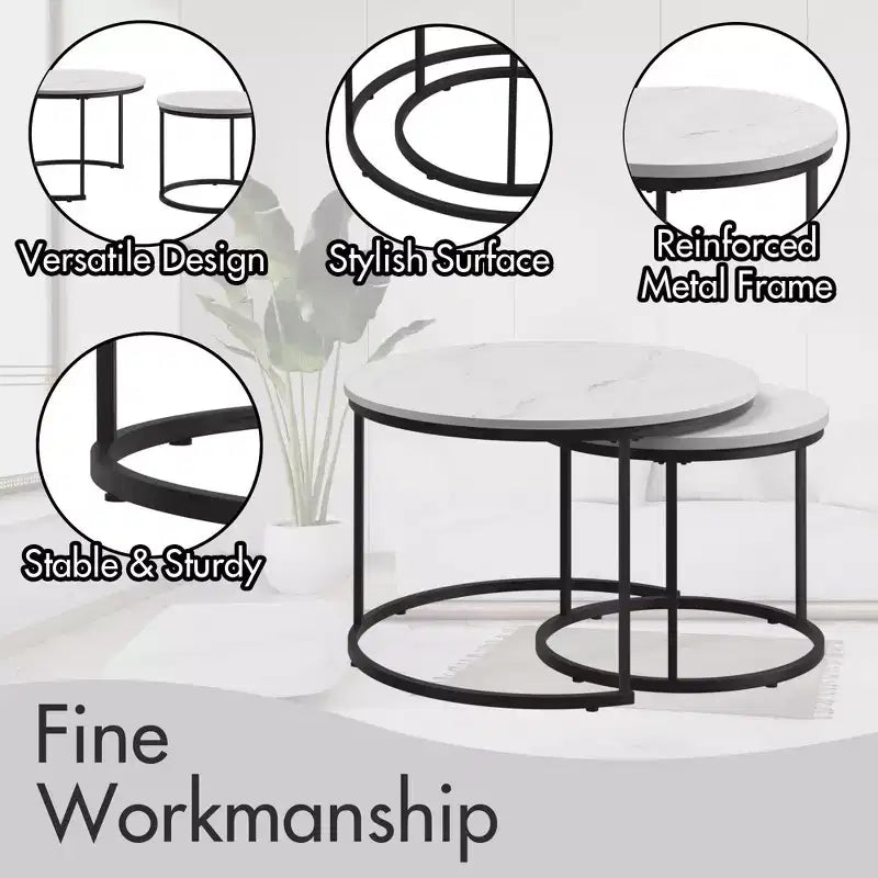 HOMLUX Lot de 2 tables basses gigognes rondes, tables d'appoint en marbre, noir/blanc/marron