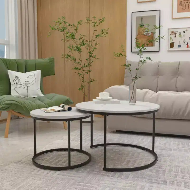 HOMLUX Lot de 2 tables basses gigognes rondes, tables d'appoint en marbre, noir/blanc/marron
