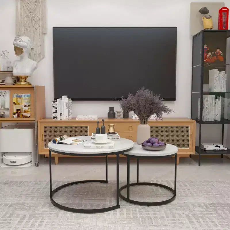 HOMLUX Lot de 2 tables basses gigognes rondes, tables d'appoint en marbre, noir/blanc/marron