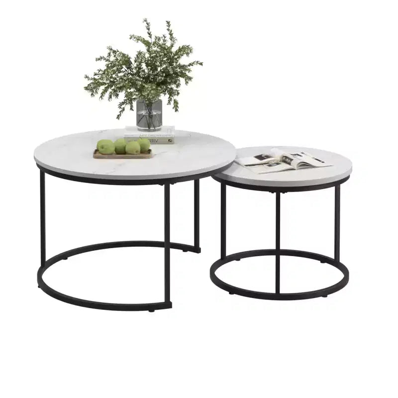 HOMLUX Lot de 2 tables basses gigognes rondes, tables d'appoint en marbre, noir/blanc/marron