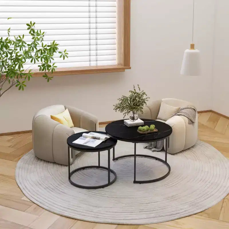 HOMLUX Lot de 2 tables basses gigognes rondes, tables d'appoint en marbre, noir/blanc/marron