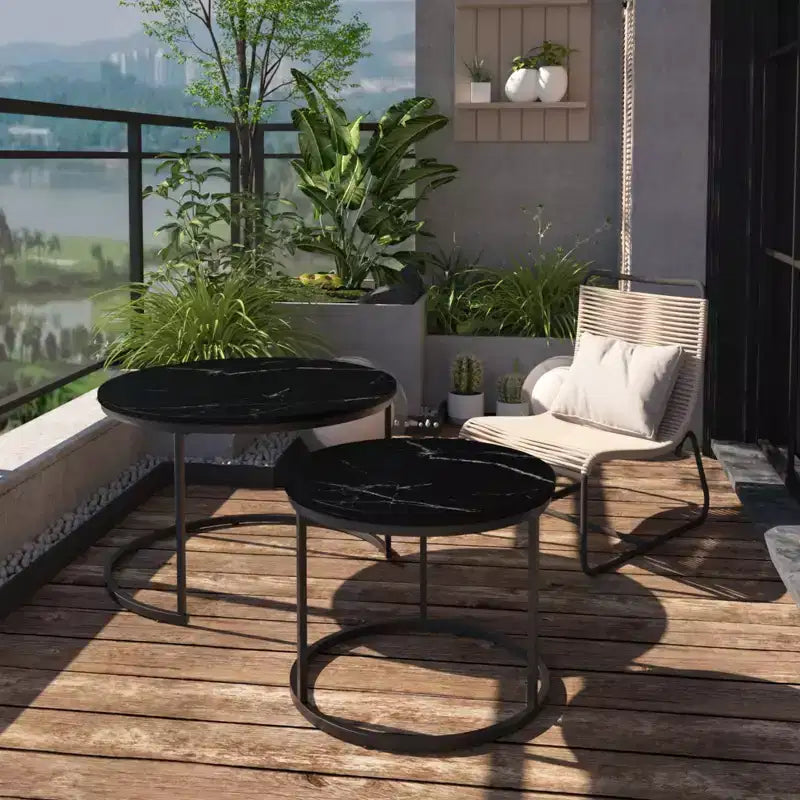 HOMLUX Lot de 2 tables basses gigognes rondes, tables d'appoint en marbre, noir/blanc/marron