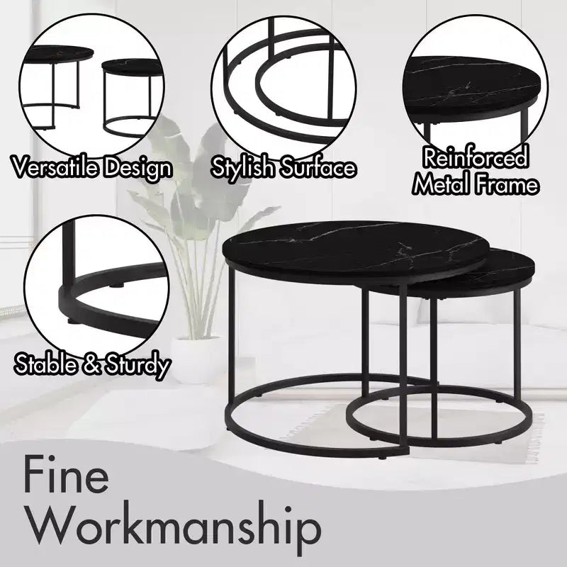 HOMLUX Lot de 2 tables basses gigognes rondes, tables d'appoint en marbre, noir/blanc/marron