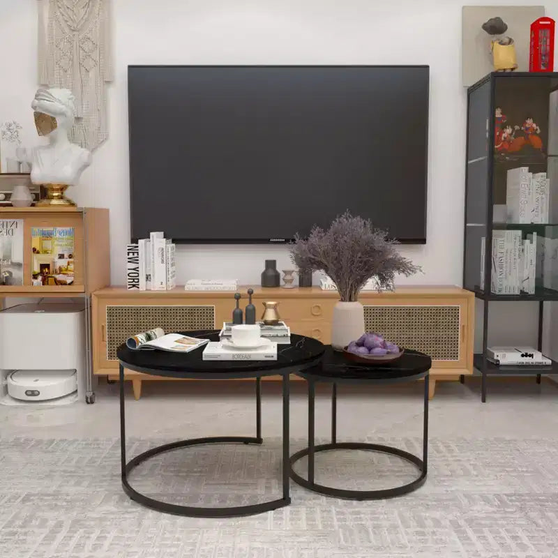HOMLUX Lot de 2 tables basses gigognes rondes, tables d'appoint en marbre, noir/blanc/marron