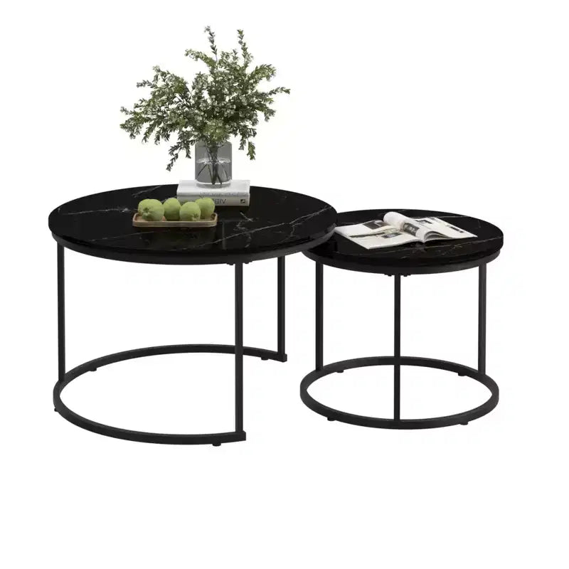 HOMLUX Lot de 2 tables basses gigognes rondes, tables d'appoint en marbre, noir/blanc/marron