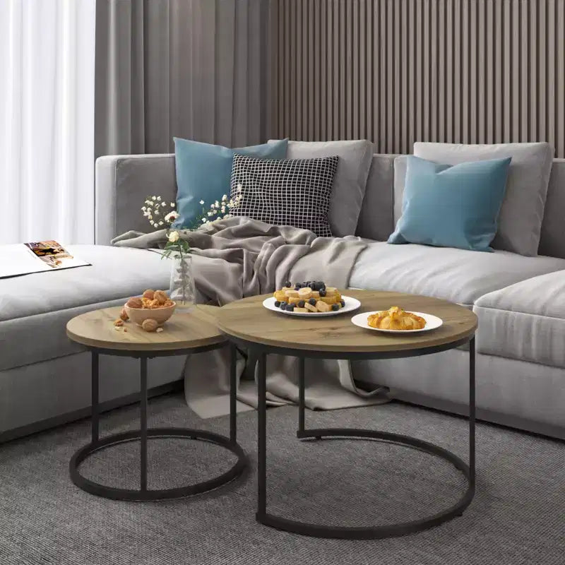 HOMLUX Lot de 2 tables basses gigognes rondes, tables d'appoint en marbre, noir/blanc/marron