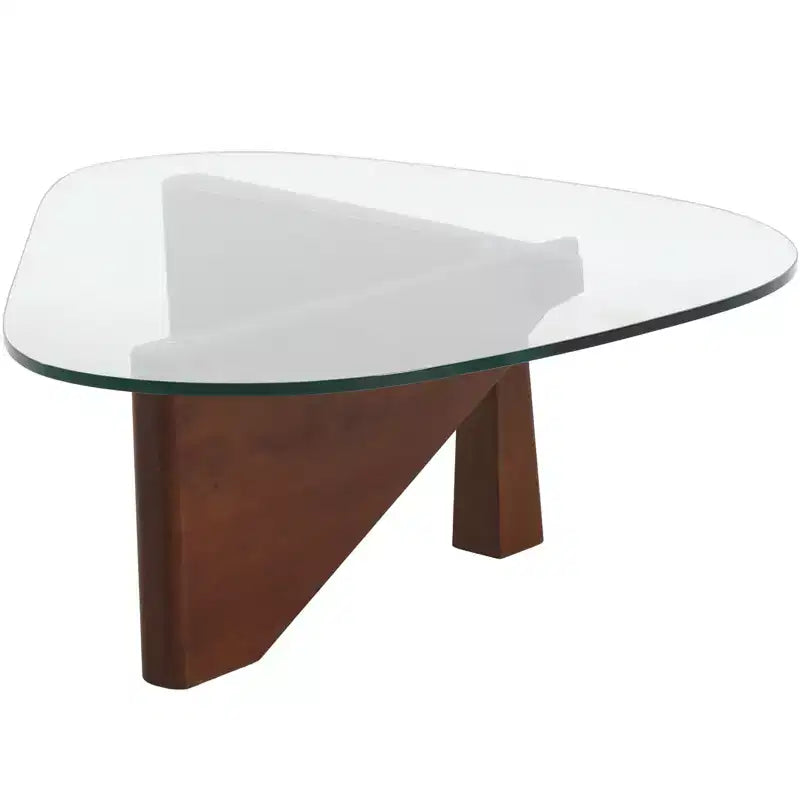 Table basse LeisureMod Imperial Collection en verre triangulaire avec piètement en frêne brillant pour la maison, le salon, le bureau