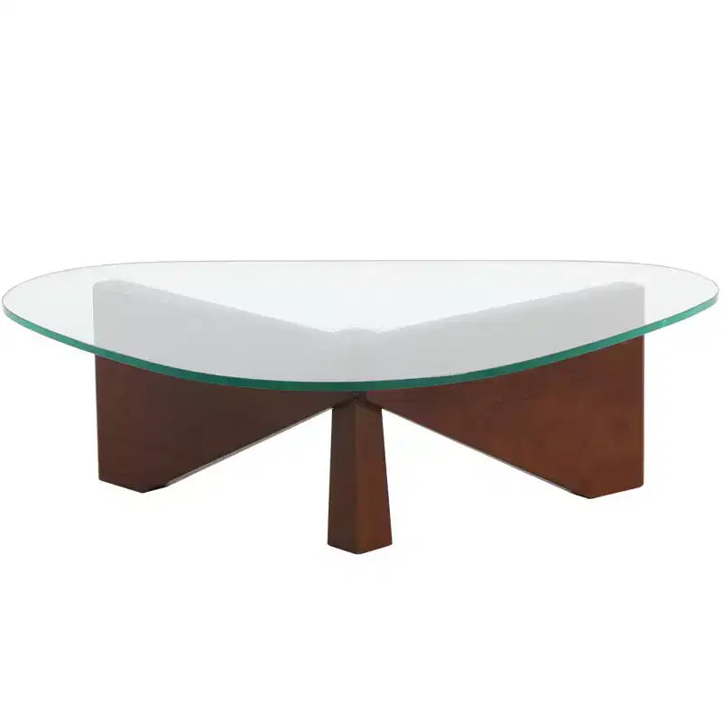 Table basse LeisureMod Imperial Collection en verre triangulaire avec piètement en frêne brillant pour la maison, le salon, le bureau