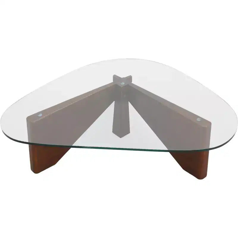 Table basse LeisureMod Imperial Collection en verre triangulaire avec piètement en frêne brillant pour la maison, le salon, le bureau
