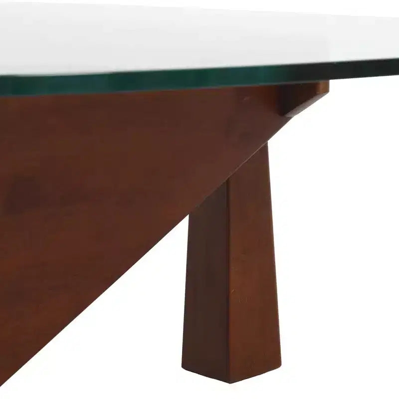 Table basse LeisureMod Imperial Collection en verre triangulaire avec piètement en frêne brillant pour la maison, le salon, le bureau