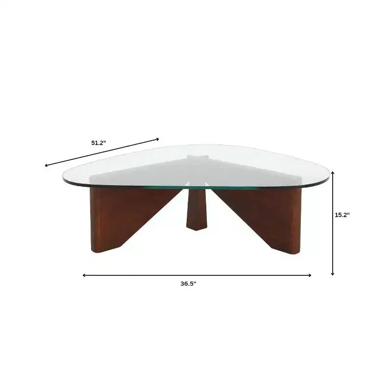 Table basse LeisureMod Imperial Collection en verre triangulaire avec piètement en frêne brillant pour la maison, le salon, le bureau