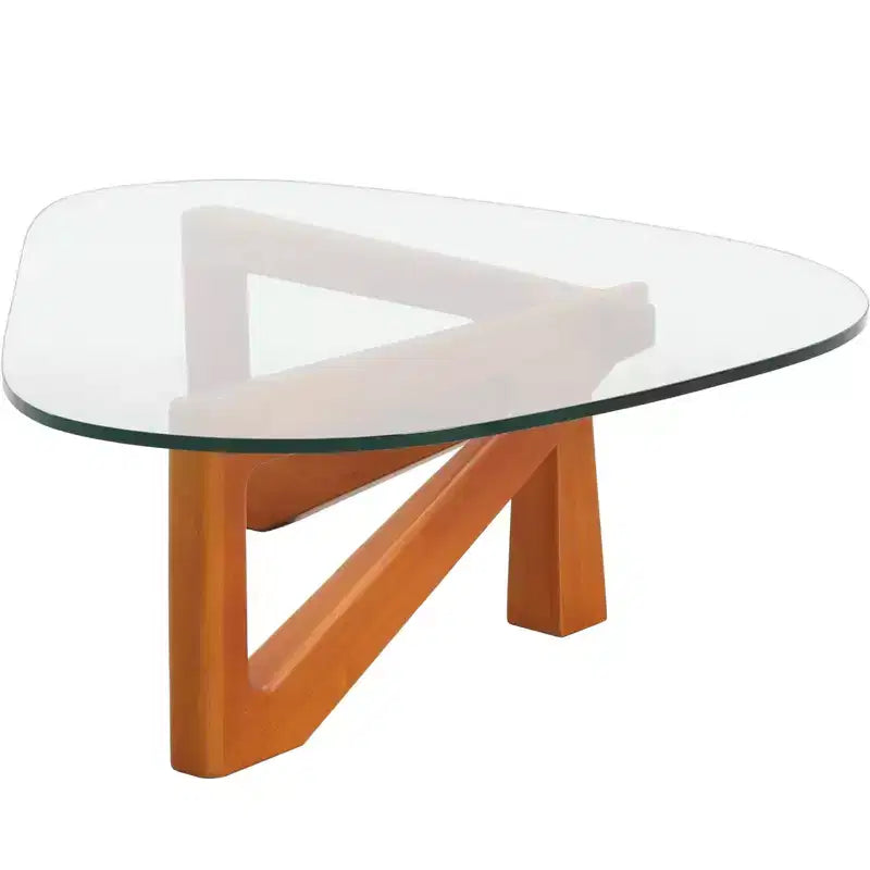 Table basse LeisureMod Imperial Collection en verre triangulaire avec piètement en frêne brillant pour la maison, le salon, le bureau