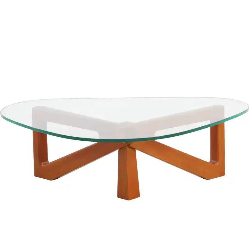 Table basse LeisureMod Imperial Collection en verre triangulaire avec piètement en frêne brillant pour la maison, le salon, le bureau