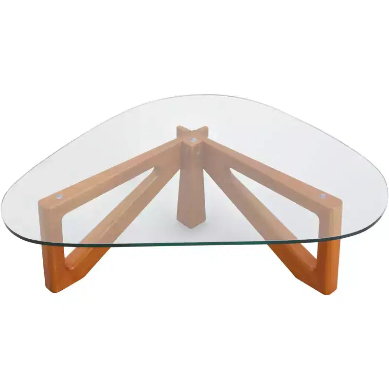 Table basse LeisureMod Imperial Collection en verre triangulaire avec piètement en frêne brillant pour la maison, le salon, le bureau