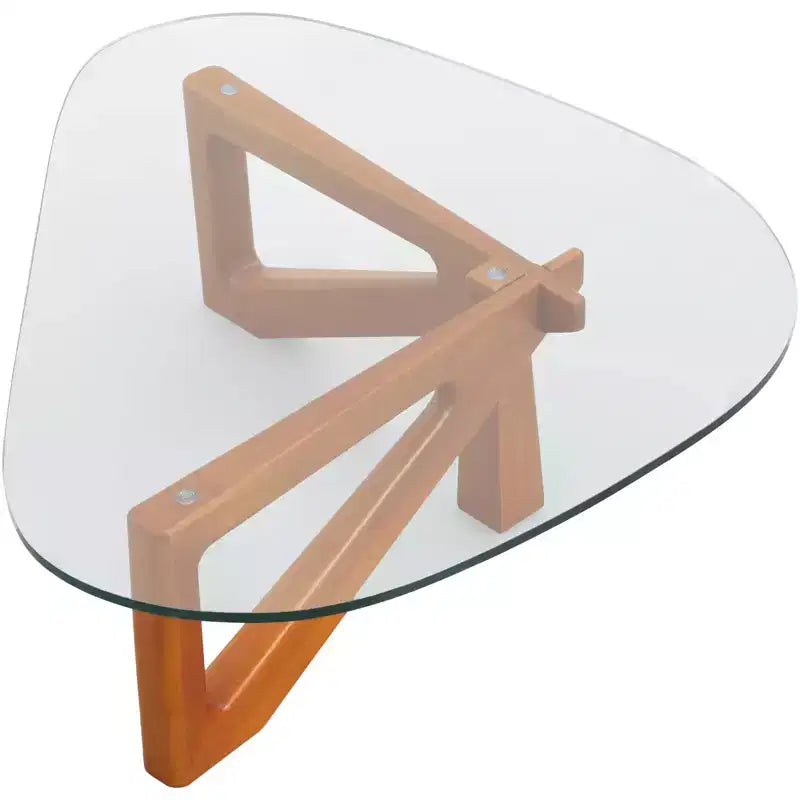 Table basse LeisureMod Imperial Collection en verre triangulaire avec piètement en frêne brillant pour la maison, le salon, le bureau