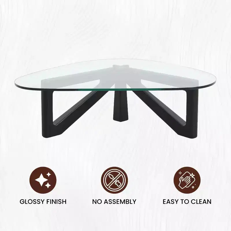 Table basse LeisureMod Imperial Collection en verre triangulaire avec piètement en frêne brillant pour la maison, le salon, le bureau