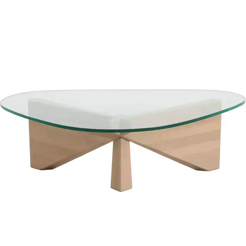 Table basse LeisureMod Imperial Collection en verre triangulaire avec piètement en frêne brillant pour la maison, le salon, le bureau