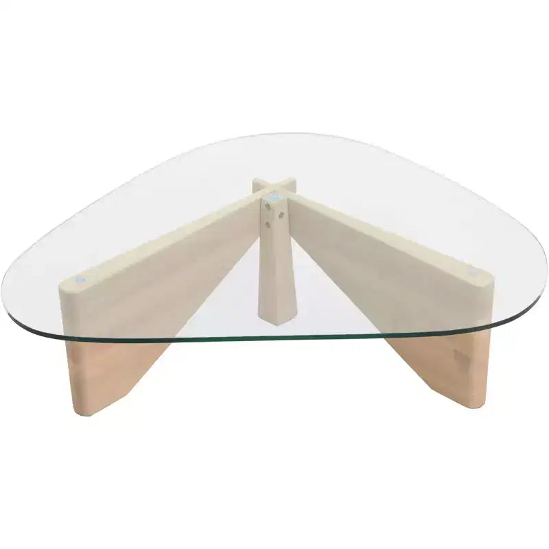 Table basse LeisureMod Imperial Collection en verre triangulaire avec piètement en frêne brillant pour la maison, le salon, le bureau