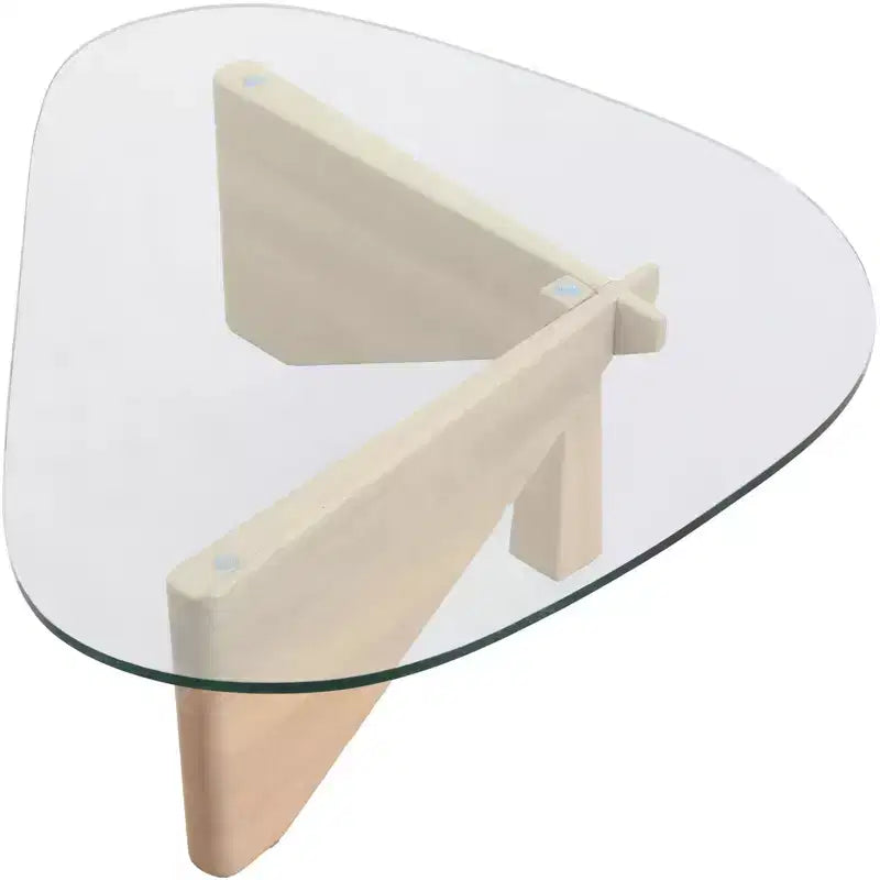 Table basse LeisureMod Imperial Collection en verre triangulaire avec piètement en frêne brillant pour la maison, le salon, le bureau