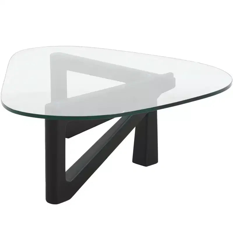 Table basse LeisureMod Imperial Collection en verre triangulaire avec piètement en frêne brillant pour la maison, le salon, le bureau