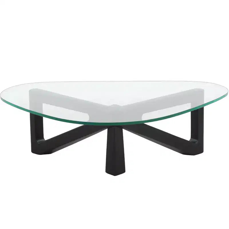 Table basse LeisureMod Imperial Collection en verre triangulaire avec piètement en frêne brillant pour la maison, le salon, le bureau