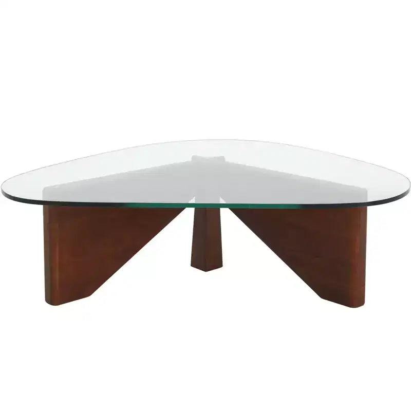 Table basse LeisureMod Imperial Collection en verre triangulaire avec piètement en frêne brillant pour la maison, le salon, le bureau