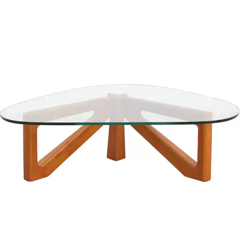 Table basse LeisureMod Imperial Collection en verre triangulaire avec piètement en frêne brillant pour la maison, le salon, le bureau