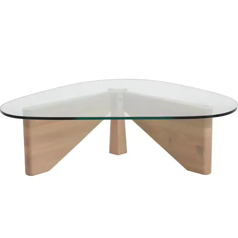 Table basse LeisureMod Imperial Collection en verre triangulaire avec piètement en frêne brillant pour la maison, le salon, le bureau
