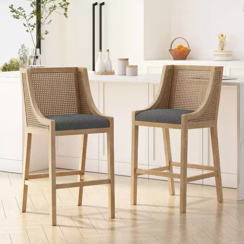 Christopher Knight Home Oneida Tabourets de bar 76 cm en tissu, bois et cannage (lot de 2)