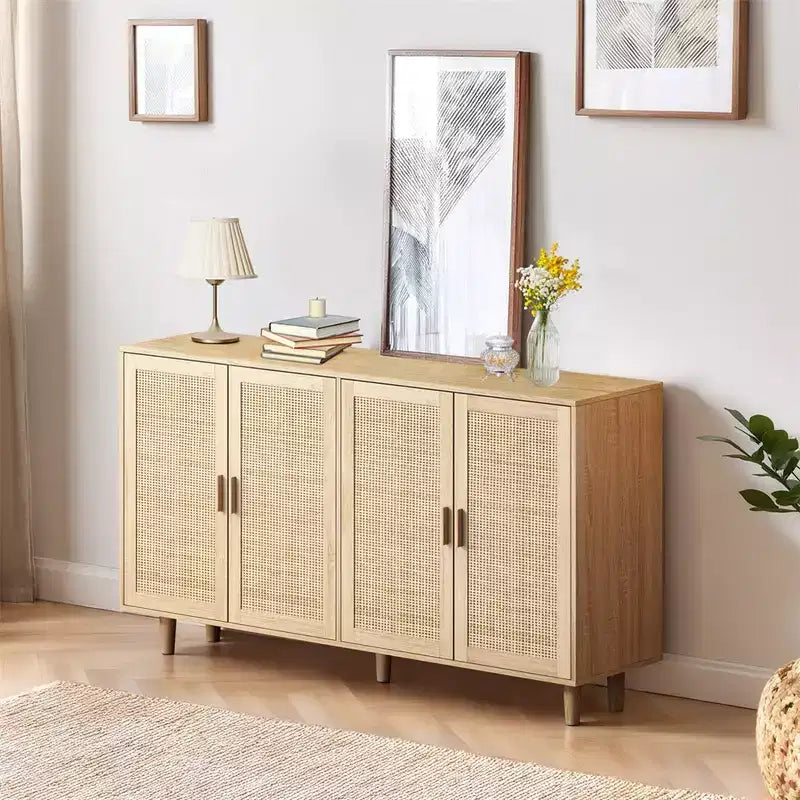 62.20Élégant et fonctionnel meuble de rangement décoratif en rotin à 4 portes, buffet, pour chambre à coucher, salon, bureau, montage facile, noir
