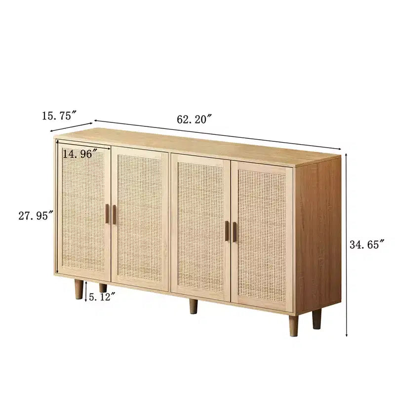62.20Élégant et fonctionnel meuble de rangement décoratif en rotin à 4 portes, buffet, pour chambre à coucher, salon, bureau, montage facile, noir
