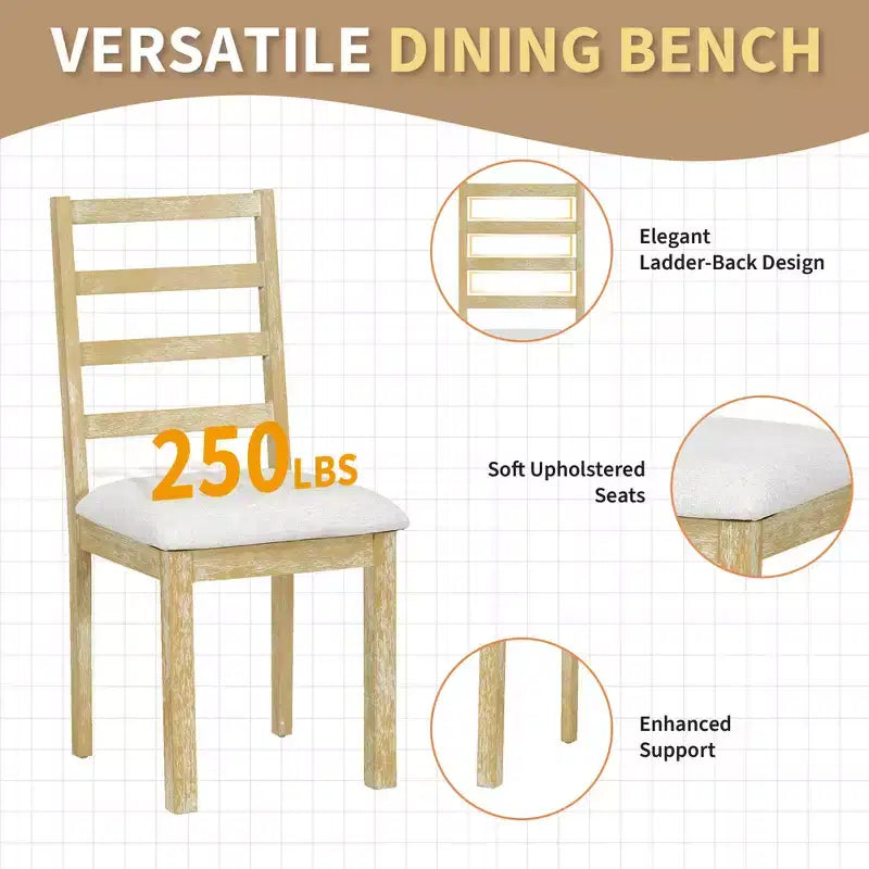 Ensemble de salle à manger 6 pièces Whisen Farmhouse, ensembles de salle à manger de cuisine avec table à manger extensible, 1 banc et 4 chaises de salle à manger à dossier échelle