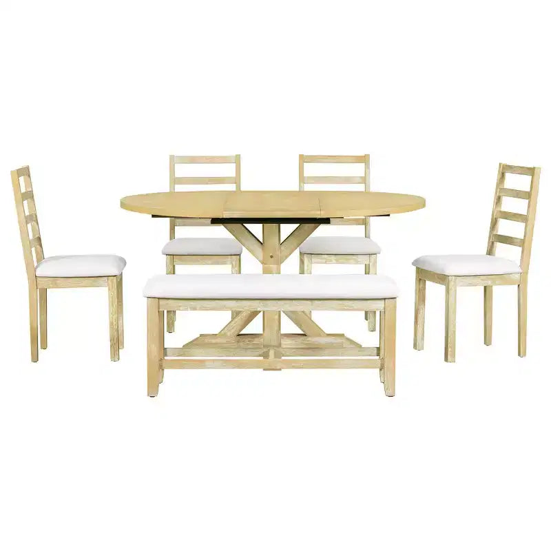 Ensemble de salle à manger 6 pièces Whisen Farmhouse, ensembles de salle à manger de cuisine avec table à manger extensible, 1 banc et 4 chaises de salle à manger à dossier échelle