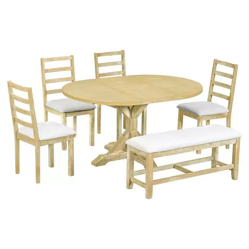 Ensemble de salle à manger 6 pièces Whisen Farmhouse, ensembles de salle à manger de cuisine avec table à manger extensible, 1 banc et 4 chaises de salle à manger à dossier échelle