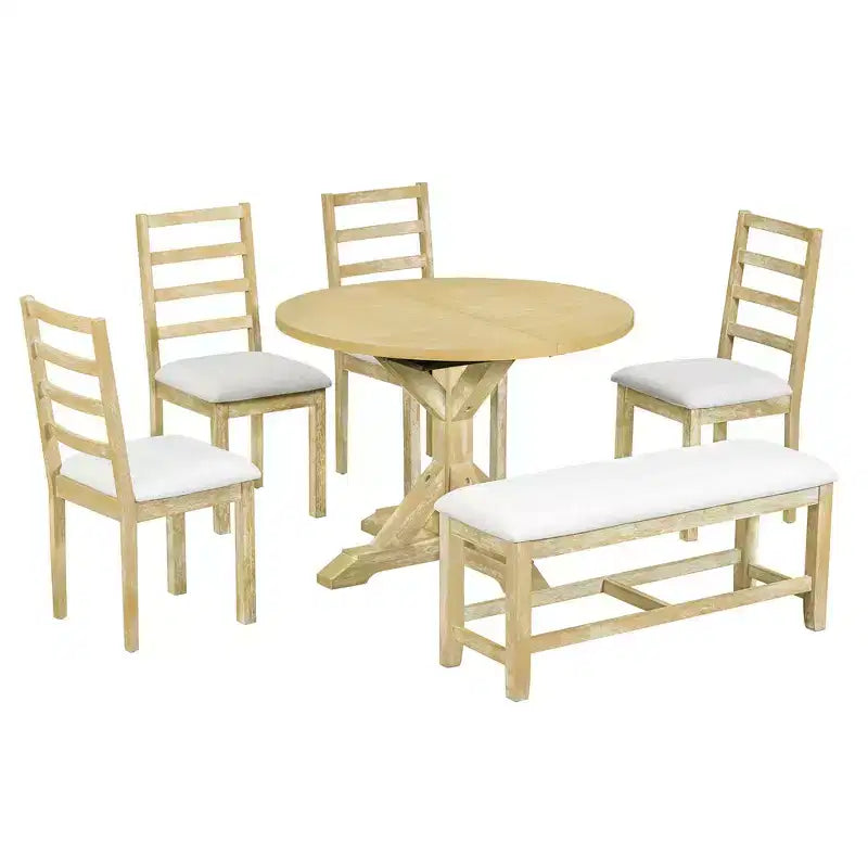Ensemble de salle à manger 6 pièces Whisen Farmhouse, ensembles de salle à manger de cuisine avec table à manger extensible, 1 banc et 4 chaises de salle à manger à dossier échelle