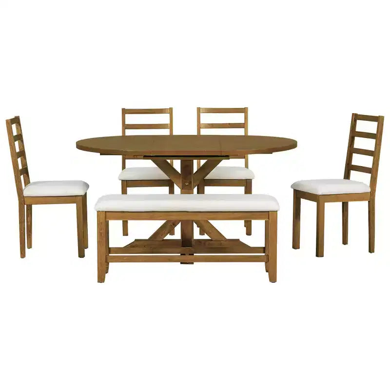 Ensemble de salle à manger 6 pièces Whisen Farmhouse, ensembles de salle à manger de cuisine avec table à manger extensible, 1 banc et 4 chaises de salle à manger à dossier échelle