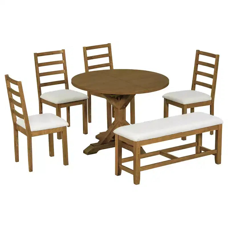 Ensemble de salle à manger 6 pièces Whisen Farmhouse, ensembles de salle à manger de cuisine avec table à manger extensible, 1 banc et 4 chaises de salle à manger à dossier échelle