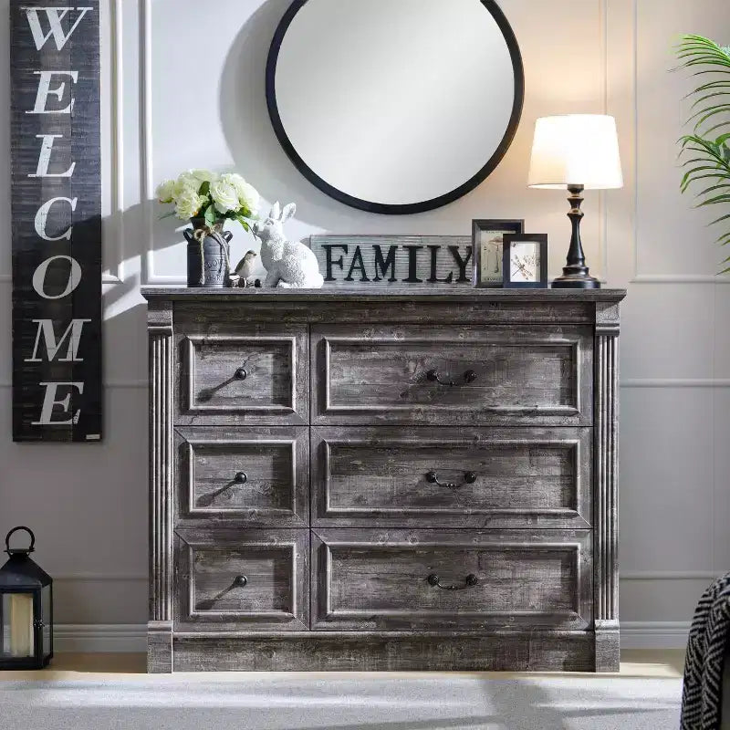 Commode Sincido 6 tiroirs pour chambre à coucher, commode de style ferme de 122 cm de large avec colonne romaine