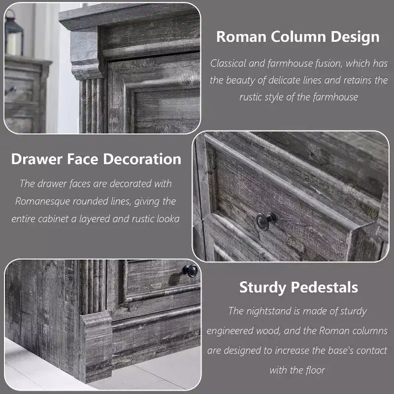 Commode Sincido 6 tiroirs pour chambre à coucher, commode de style ferme de 122 cm de large avec colonne romaine