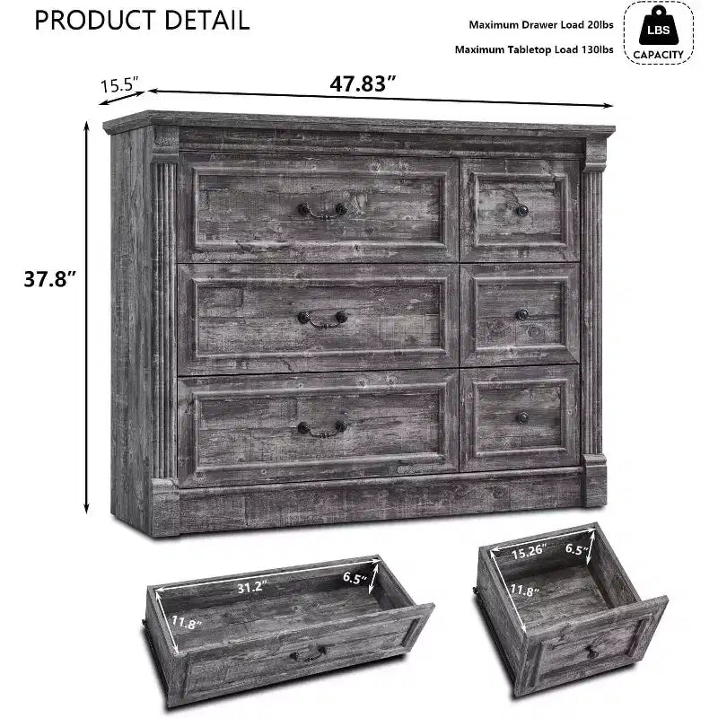 Commode Sincido 6 tiroirs pour chambre à coucher, commode de style ferme de 122 cm de large avec colonne romaine