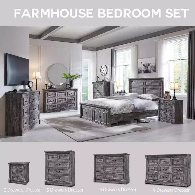 Commode Sincido 6 tiroirs pour chambre à coucher, commode de style ferme de 122 cm de large avec colonne romaine