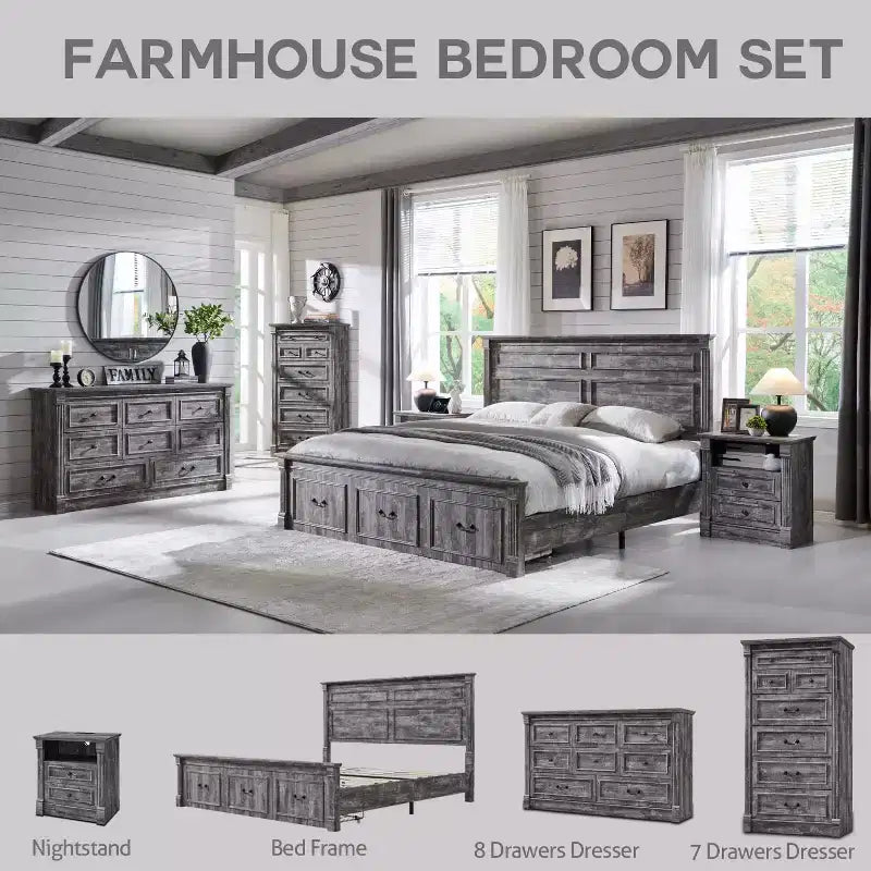 Commode Sincido 6 tiroirs pour chambre à coucher, commode de style ferme de 122 cm de large avec colonne romaine