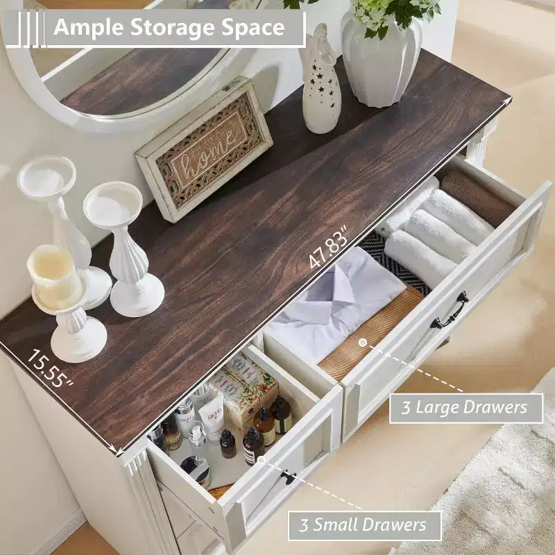 Commode Sincido 6 tiroirs pour chambre à coucher, commode de style ferme de 122 cm de large avec colonne romaine