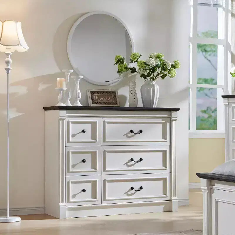 Commode Sincido 6 tiroirs pour chambre à coucher, commode de style ferme de 122 cm de large avec colonne romaine