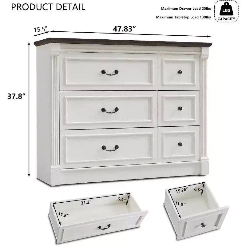 Commode Sincido 6 tiroirs pour chambre à coucher, commode de style ferme de 122 cm de large avec colonne romaine