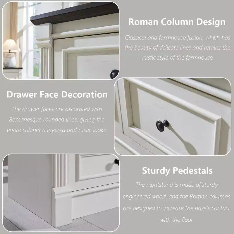 Commode Sincido 6 tiroirs pour chambre à coucher, commode de style ferme de 122 cm de large avec colonne romaine