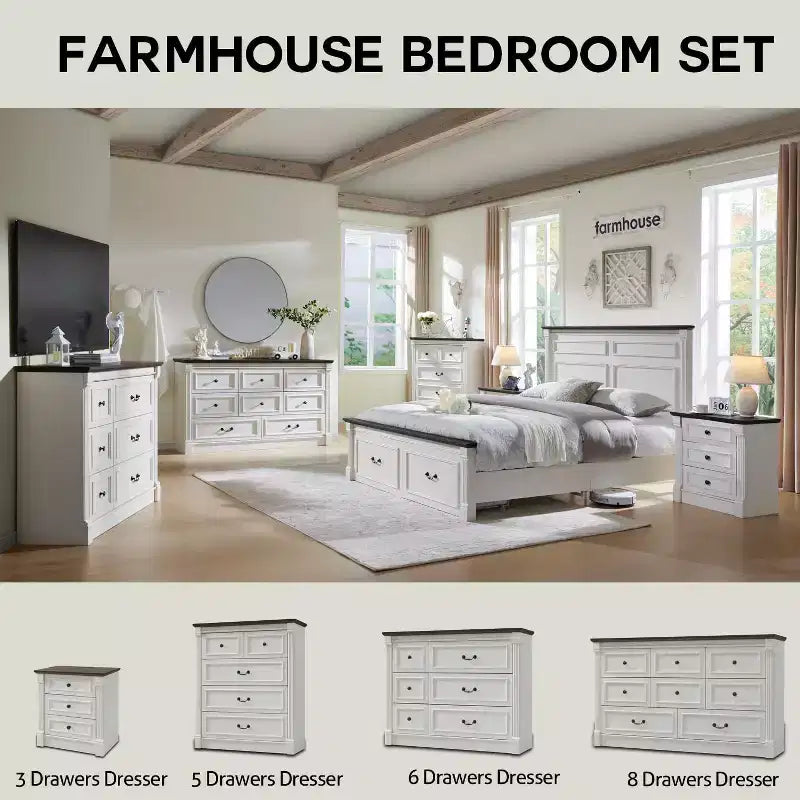 Commode Sincido 6 tiroirs pour chambre à coucher, commode de style ferme de 122 cm de large avec colonne romaine