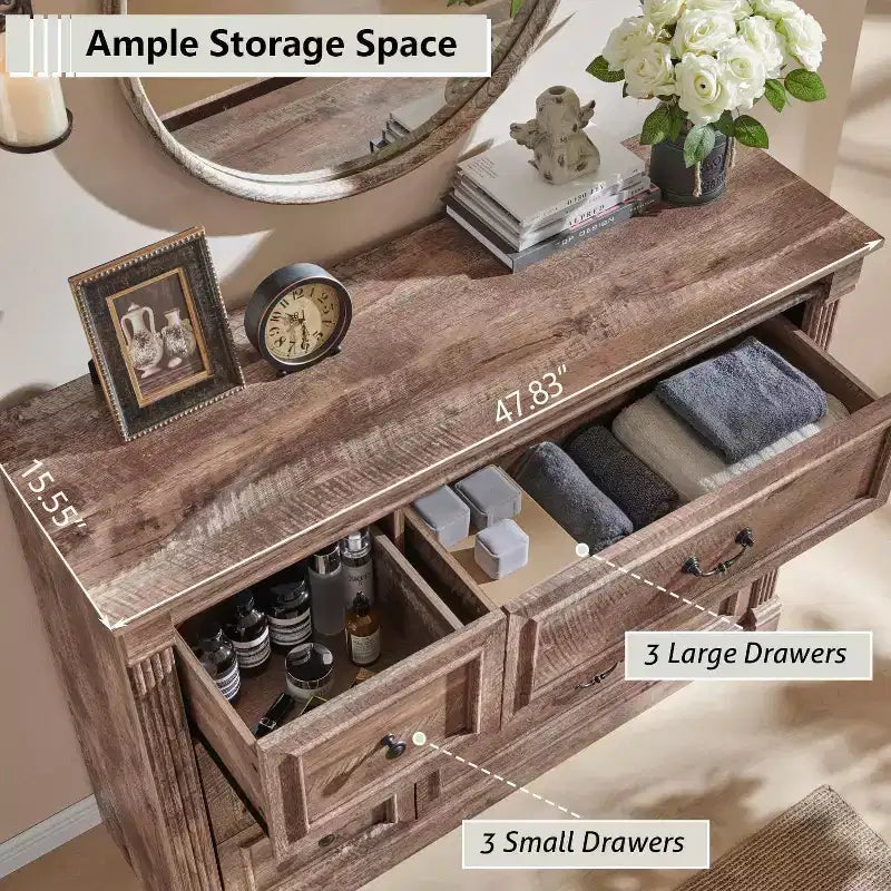 Commode Sincido 6 tiroirs pour chambre à coucher, commode de style ferme de 122 cm de large avec colonne romaine